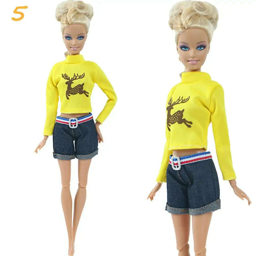 1 Set Fashion Multicolor Outfit Wave Point Dress Shirt Denim Grid Skirt Daily Casual Wear Accessories Clothes for Barbie Doll - KIMLUD