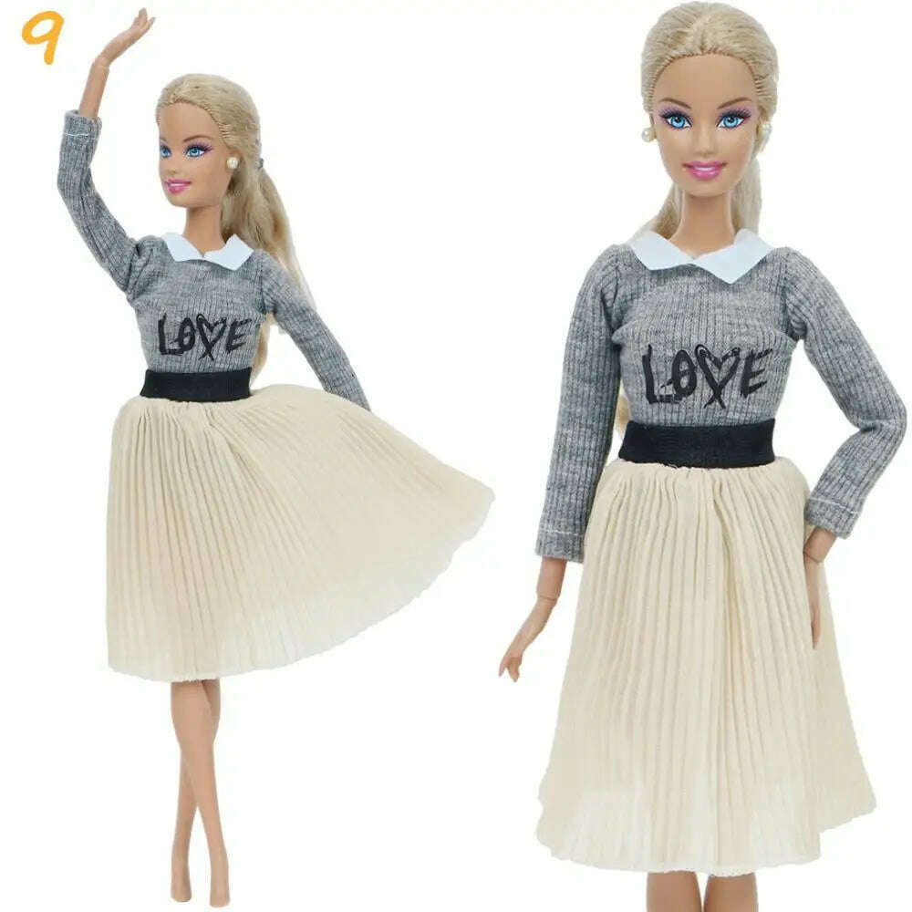 1 Set Fashion Multicolor Outfit Wave Point Dress Shirt Denim Grid Skirt Daily Casual Wear Accessories Clothes for Barbie Doll - KIMLUD