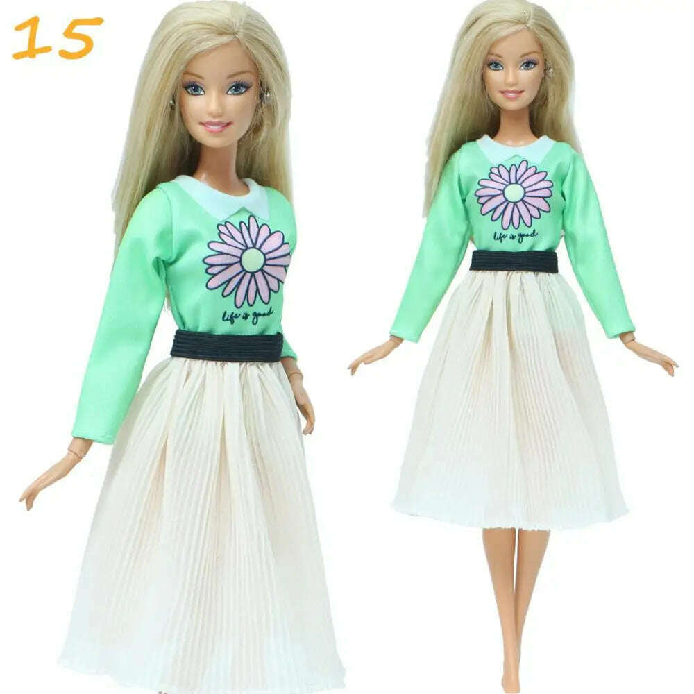 1 Set Fashion Multicolor Outfit Wave Point Dress Shirt Denim Grid Skirt Daily Casual Wear Accessories Clothes for Barbie Doll - KIMLUD