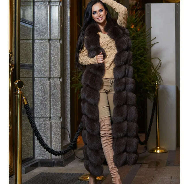 KIMLUD, 10-section Luxury Faux Fox Fur Winter Vest Jacket Sleeveless Thick Warm Horizontal Striped Long Style Fluffy Fake Fur Overcoat, coffe color / S, KIMLUD Womens Clothes