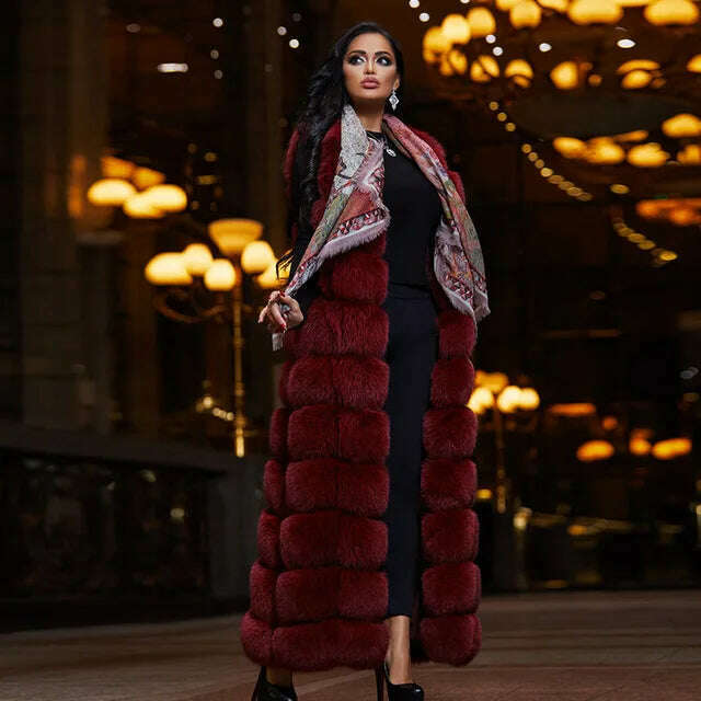 KIMLUD, 10-section Luxury Faux Fox Fur Winter Vest Jacket Sleeveless Thick Warm Horizontal Striped Long Style Fluffy Fake Fur Overcoat, KIMLUD Womens ClothesKIMLUD, 10-section Luxury Faux Fox Fur Winter Vest Jacket Sleeveless Thick Warm Horizontal Striped Long Style Fluffy Fake Fur Overcoat, wind red / XXXL, KIMLUD APPAREL - Womens Clothes