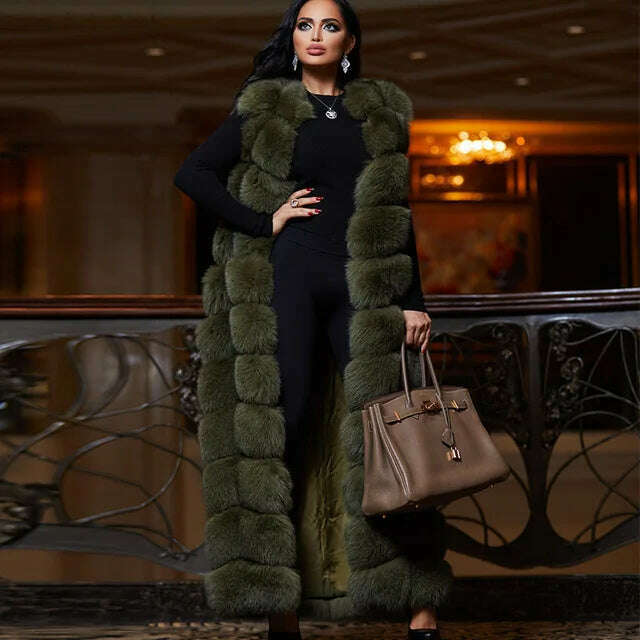 KIMLUD, 10-section Luxury Faux Fox Fur Winter Vest Jacket Sleeveless Thick Warm Horizontal Striped Long Style Fluffy Fake Fur Overcoat, green / S, KIMLUD Womens Clothes