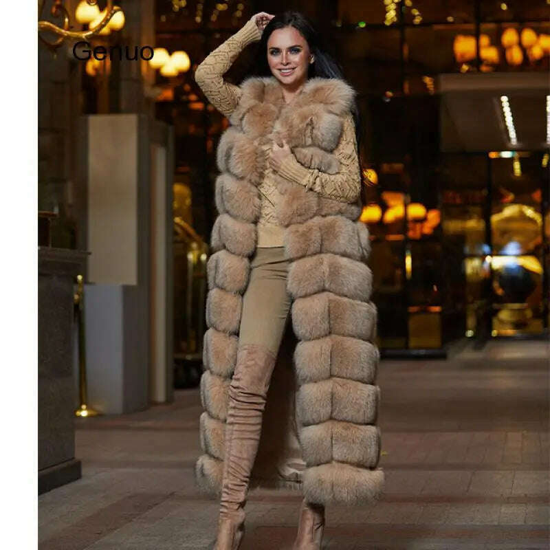 KIMLUD, 10-section Luxury Faux Fox Fur Winter Vest Jacket Sleeveless Thick Warm Horizontal Striped Long Style Fluffy Fake Fur Overcoat, KIMLUD Women's Clothes