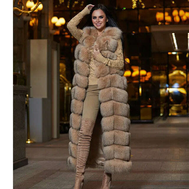 KIMLUD, 10-section Luxury Faux Fox Fur Winter Vest Jacket Sleeveless Thick Warm Horizontal Striped Long Style Fluffy Fake Fur Overcoat, Khaki / S, KIMLUD Women's Clothes