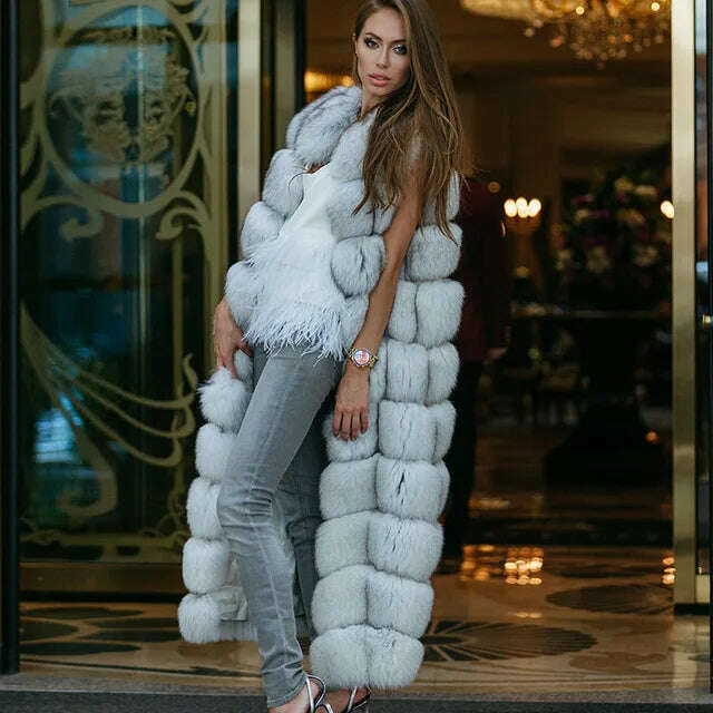 KIMLUD, 10-section Luxury Faux Fox Fur Winter Vest Jacket Sleeveless Thick Warm Horizontal Striped Long Style Fluffy Fake Fur Overcoat, Natural white / S, KIMLUD Womens Clothes