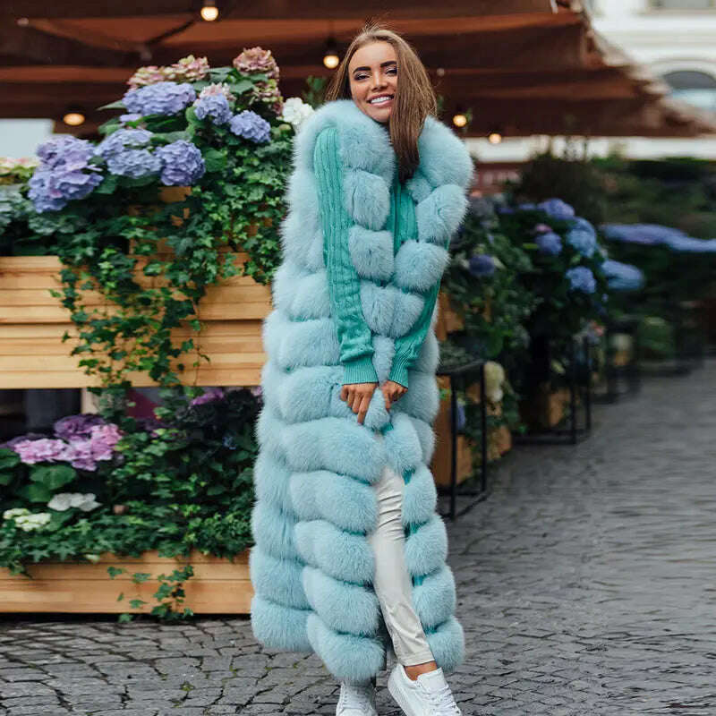KIMLUD, 10-section Luxury Faux Fox Fur Winter Vest Jacket Sleeveless Thick Warm Horizontal Striped Long Style Fluffy Fake Fur Overcoat, Light blue / S, KIMLUD Women's Clothes
