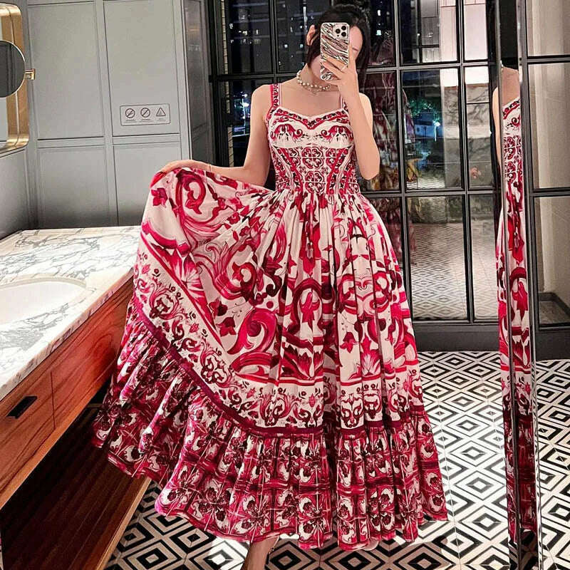 100% Cotton Red Blue And White Porcelain Printed Mid-Length Poplin Dre