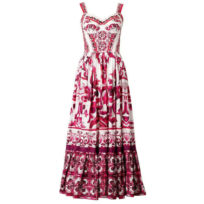 100% Cotton Red Blue And White Porcelain Printed Mid-Length Poplin Dress For Women'S Fashion Holiday Party Spring Summer 2023 - KIMLUD