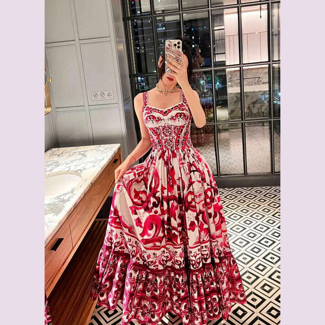 100% Cotton Red Blue And White Porcelain Printed Mid-Length Poplin Dress For Women'S Fashion Holiday Party Spring Summer 2023 - KIMLUD