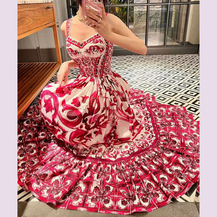 100% Cotton Red Blue And White Porcelain Printed Mid-Length Poplin Dress For Women'S Fashion Holiday Party Spring Summer 2023 - KIMLUD