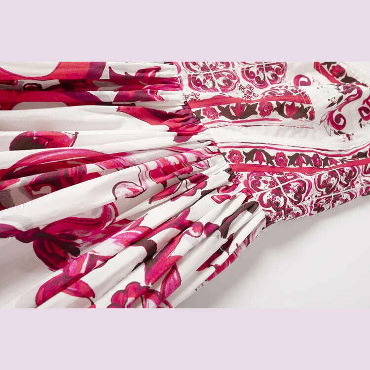 100% Cotton Red Blue And White Porcelain Printed Mid-Length Poplin Dress For Women'S Fashion Holiday Party Spring Summer 2023 - KIMLUD