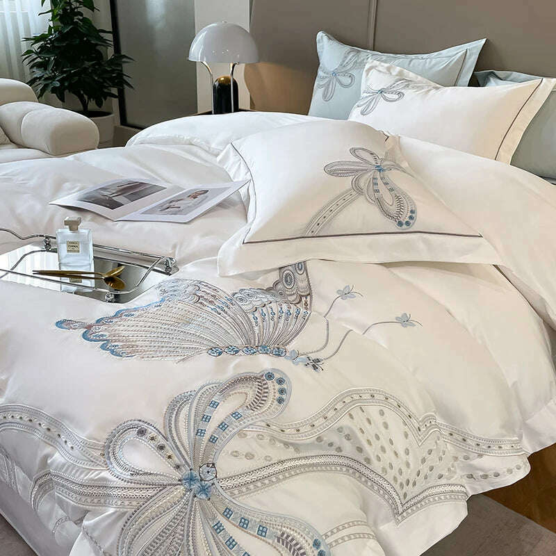 100% Egyptian Cotton Luxury Butterfly Embroidery Wedding Bedding Set 100% Cotton Duvet Cover Flat/Fitted Bed Sheet Pillowcases - KIMLUD