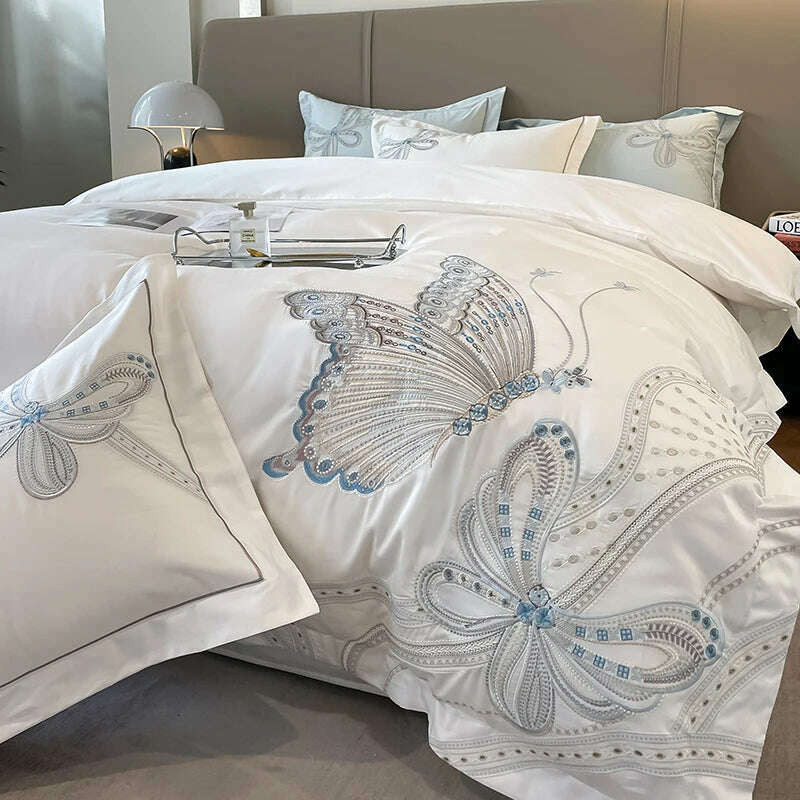 100% Egyptian Cotton Luxury Butterfly Embroidery Wedding Bedding Set 100% Cotton Duvet Cover Flat/Fitted Bed Sheet Pillowcases - KIMLUD