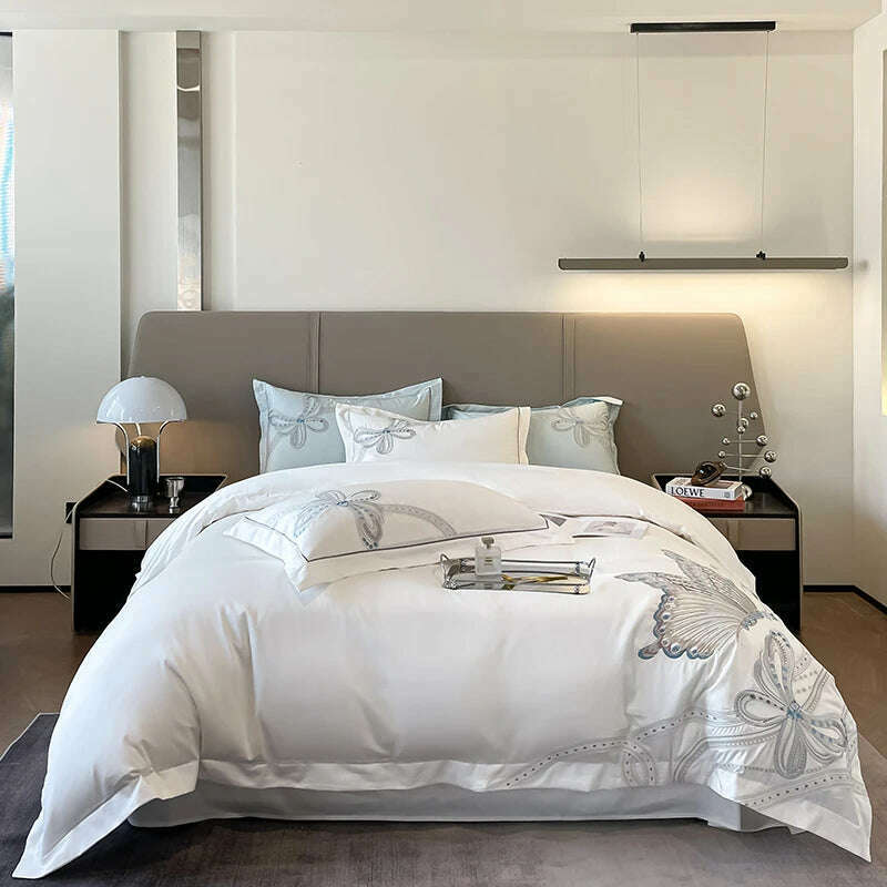 100% Egyptian Cotton Luxury Butterfly Embroidery Wedding Bedding Set 100% Cotton Duvet Cover Flat/Fitted Bed Sheet Pillowcases - KIMLUD