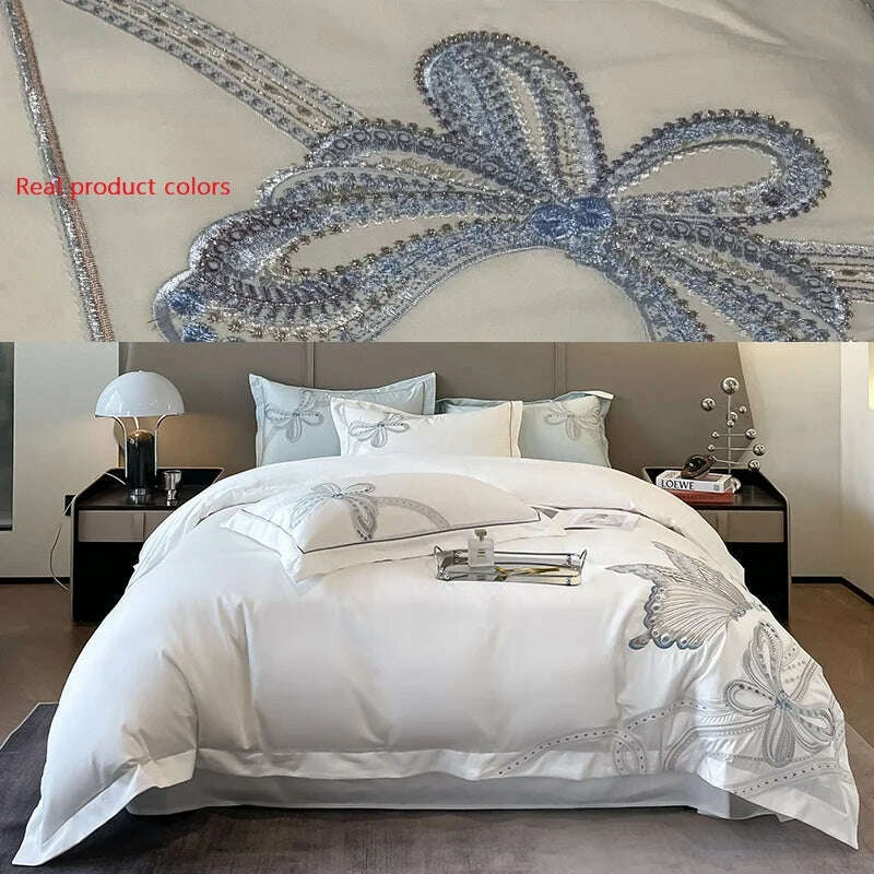 100% Egyptian Cotton Luxury Butterfly Embroidery Wedding Bedding Set 100% Cotton Duvet Cover Flat/Fitted Bed Sheet Pillowcases - KIMLUD
