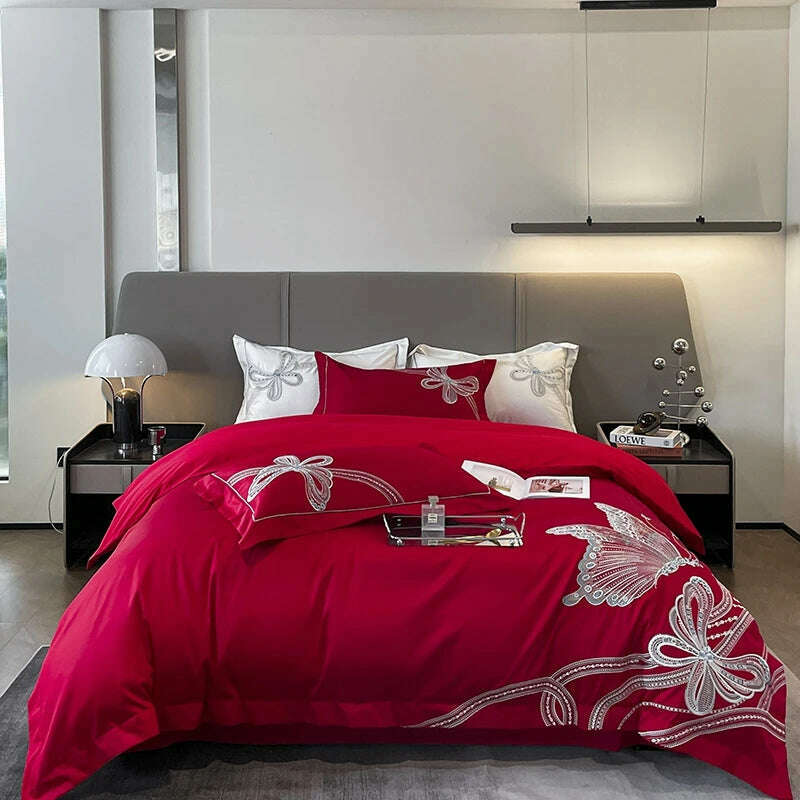 100% Egyptian Cotton Luxury Butterfly Embroidery Wedding Bedding Set 100% Cotton Duvet Cover Flat/Fitted Bed Sheet Pillowcases - KIMLUD