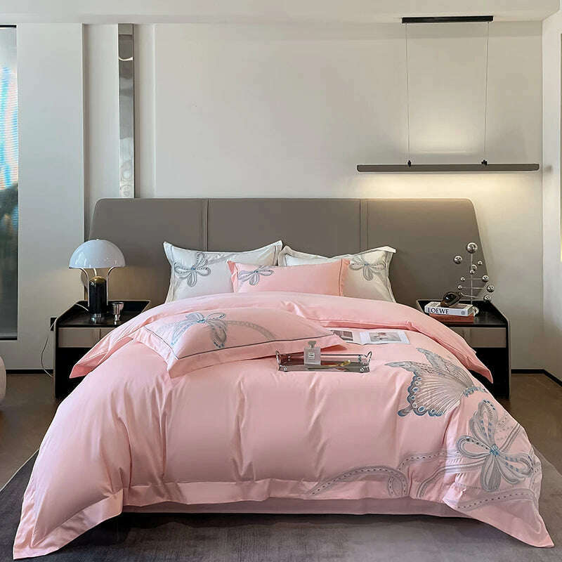 100% Egyptian Cotton Luxury Butterfly Embroidery Wedding Bedding Set 100% Cotton Duvet Cover Flat/Fitted Bed Sheet Pillowcases - KIMLUD