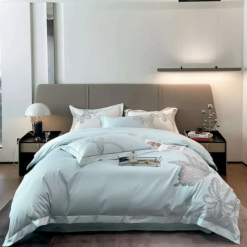 100% Egyptian Cotton Luxury Butterfly Embroidery Wedding Bedding Set 100% Cotton Duvet Cover Flat/Fitted Bed Sheet Pillowcases - KIMLUD