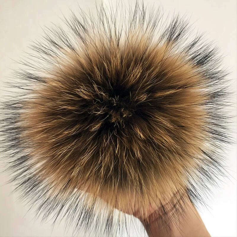 KIMLUD, 100% natural fox fur pompom raccoon fur pom pom for hat beanies DIY Fur Pompon For Caps Bags Scarf Accessories, natural color 16cm, KIMLUD APPAREL - Womens Clothes
