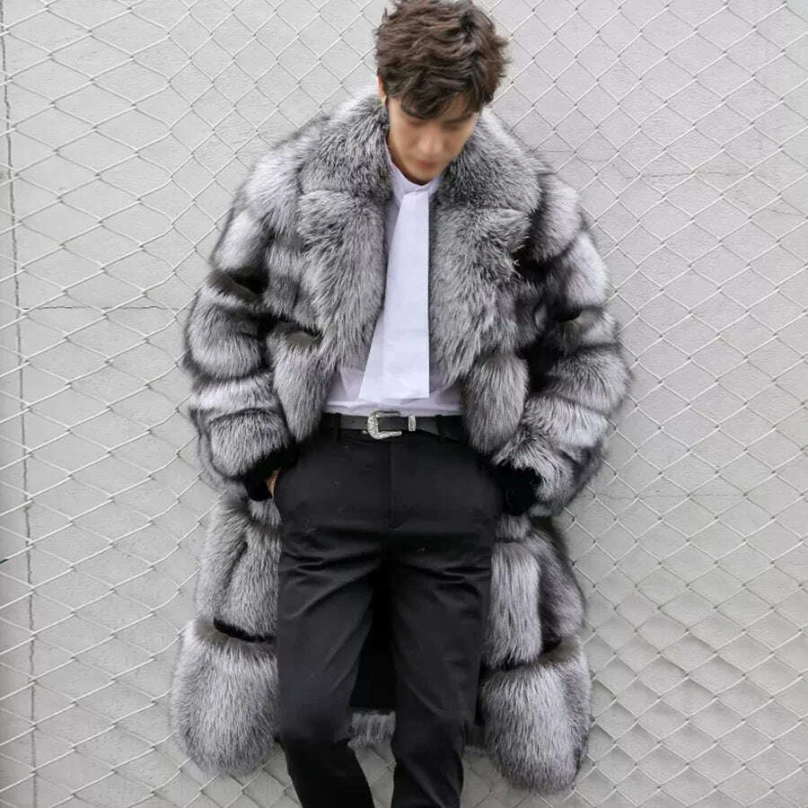 KIMLUD, 100% Natural Real Sliver Fox Fur Fashion Fur Coat Jacket Long Overcoat Men European Quality, KIMLUD Women's Clothes