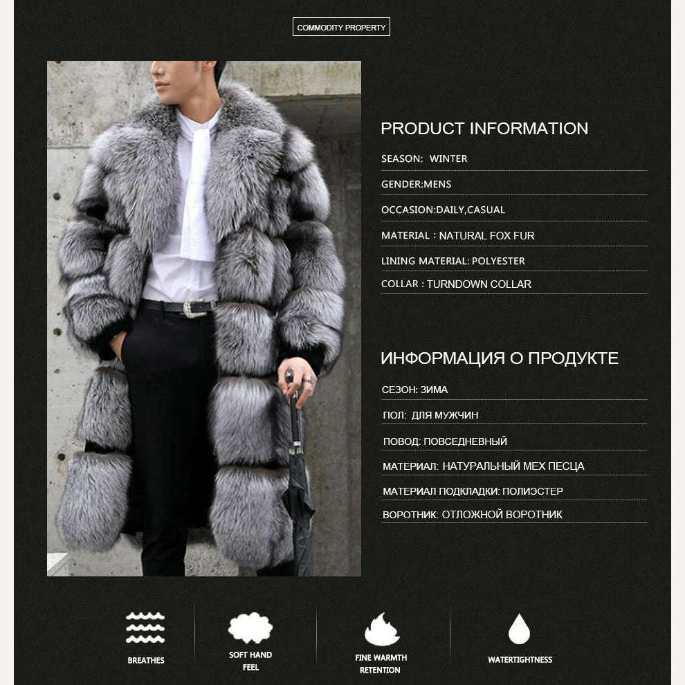 KIMLUD, 100% Natural Real Sliver Fox Fur Fashion Fur Coat Jacket Long Overcoat Men European Quality, KIMLUD Womens Clothes