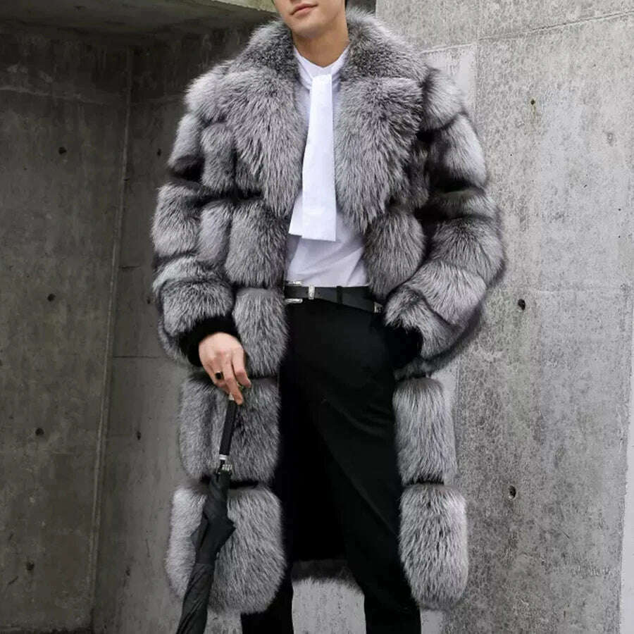 KIMLUD, 100% Natural Real Sliver Fox Fur Fashion Fur Coat Jacket Long Overcoat Men European Quality, KIMLUD Womens Clothes