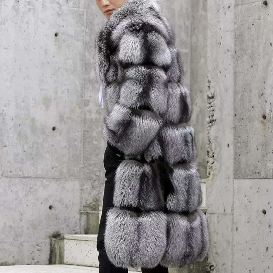 KIMLUD, 100% Natural Real Sliver Fox Fur Fashion Fur Coat Jacket Long Overcoat Men European Quality, KIMLUD Womens Clothes