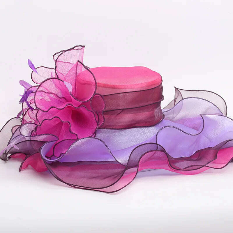 KIMLUD, 100% Organza Hats Summer Kentucky Derby Large Wide Brim Feather Flower Fedoras Wedding Hat Fascinator Tea Party Hat Packable, Hot pink, KIMLUD APPAREL - Womens Clothes