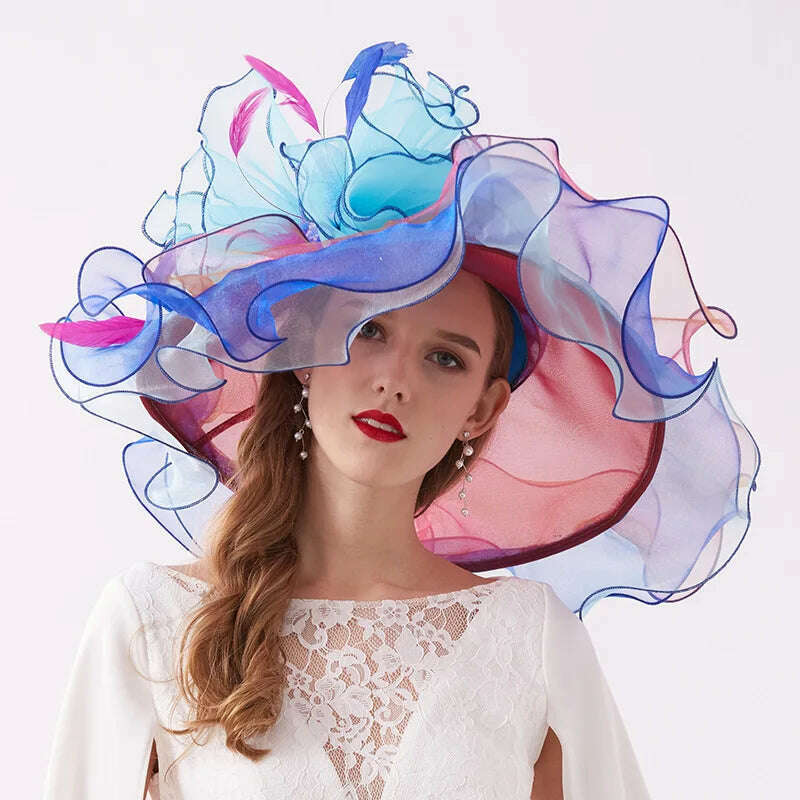 KIMLUD, 100% Organza Hats Summer Kentucky Derby Large Wide Brim Feather Flower Fedoras Wedding Hat Fascinator Tea Party Hat Packable, Light Blue, KIMLUD APPAREL - Womens Clothes
