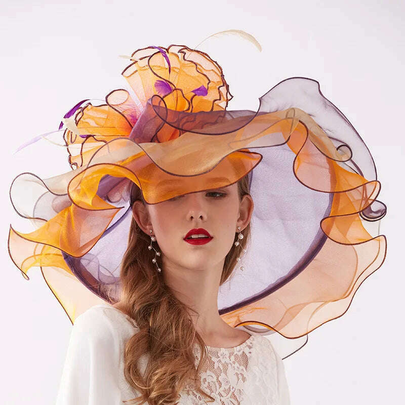 KIMLUD, 100% Organza Hats Summer Kentucky Derby Large Wide Brim Feather Flower Fedoras Wedding Hat Fascinator Tea Party Hat Packable, Orange, KIMLUD Women's Clothes