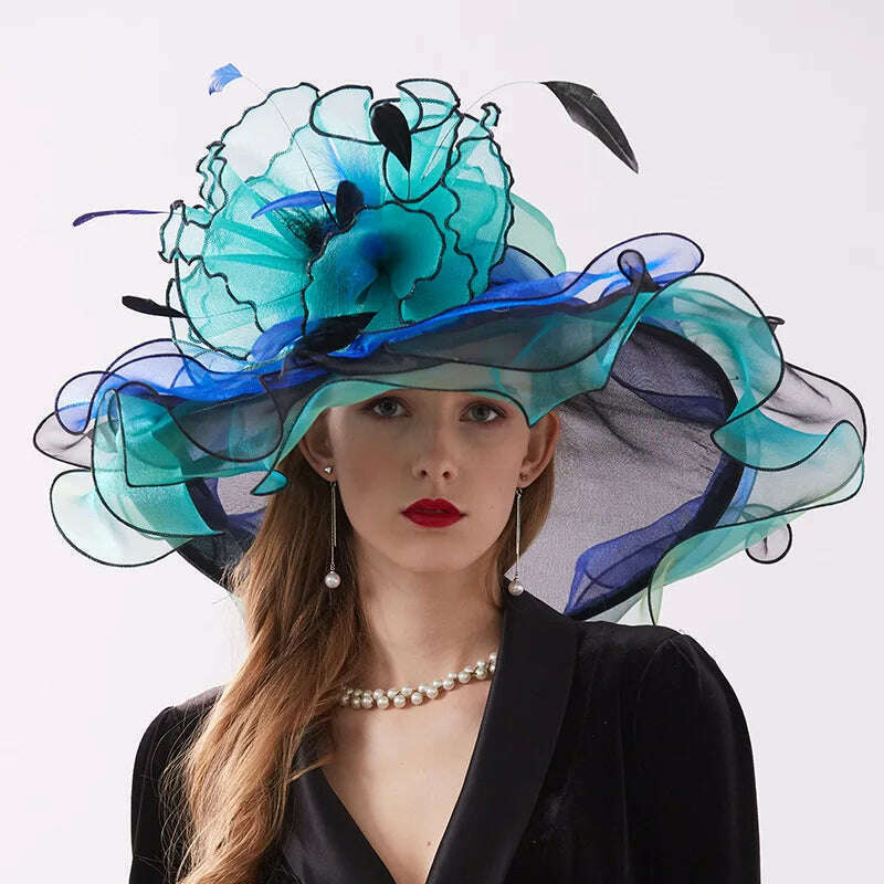 KIMLUD, 100% Organza Hats Summer Kentucky Derby Large Wide Brim Feather Flower Fedoras Wedding Hat Fascinator Tea Party Hat Packable, Blue Green, KIMLUD Women's Clothes