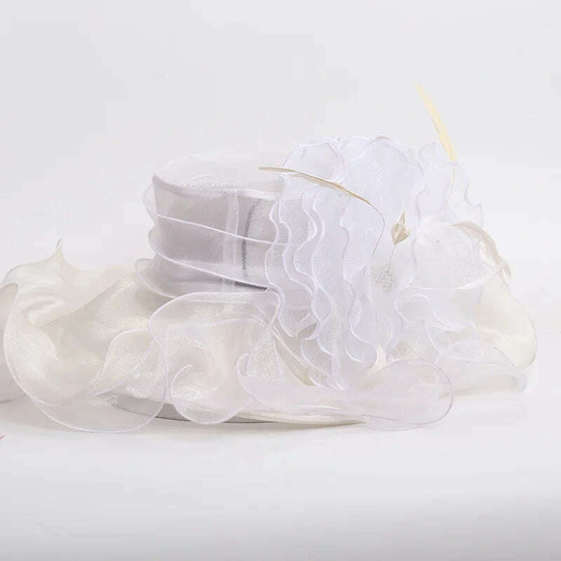 KIMLUD, 100% Organza Hats Summer Kentucky Derby Large Wide Brim Feather Flower Fedoras Wedding Hat Fascinator Tea Party Hat Packable, White, KIMLUD APPAREL - Womens Clothes