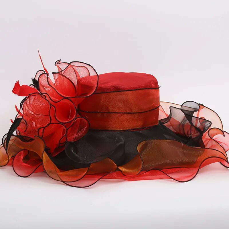 KIMLUD, 100% Organza Hats Summer Kentucky Derby Large Wide Brim Feather Flower Fedoras Wedding Hat Fascinator Tea Party Hat Packable, Red, KIMLUD APPAREL - Womens Clothes