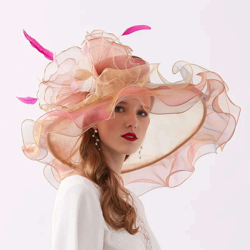 KIMLUD, 100% Organza Hats Summer Kentucky Derby Large Wide Brim Feather Flower Fedoras Wedding Hat Fascinator Tea Party Hat Packable, Gold, KIMLUD Women's Clothes