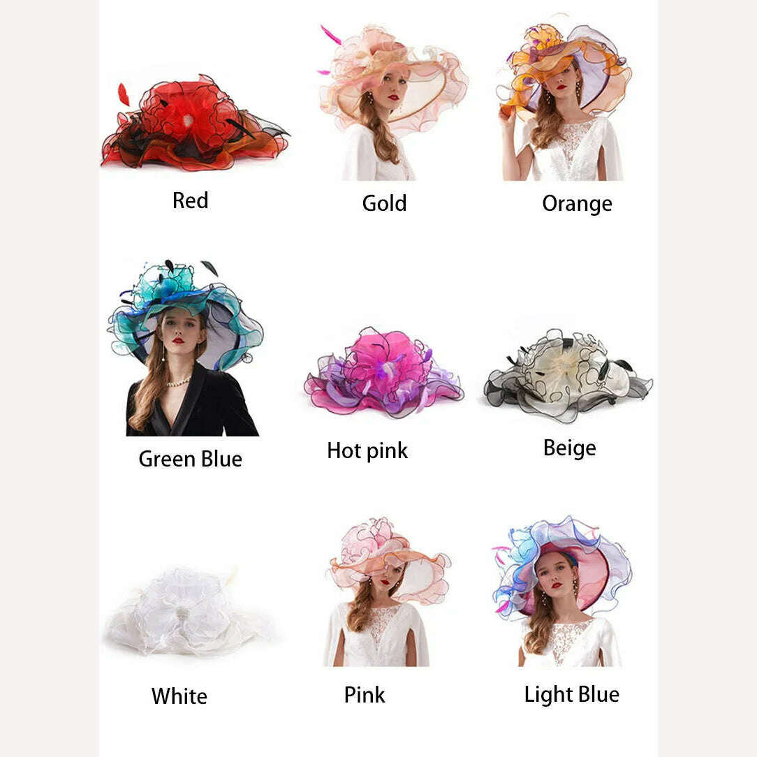 KIMLUD, 100% Organza Hats Summer Kentucky Derby Large Wide Brim Feather Flower Fedoras Wedding Hat Fascinator Tea Party Hat Packable, KIMLUD Women's Clothes