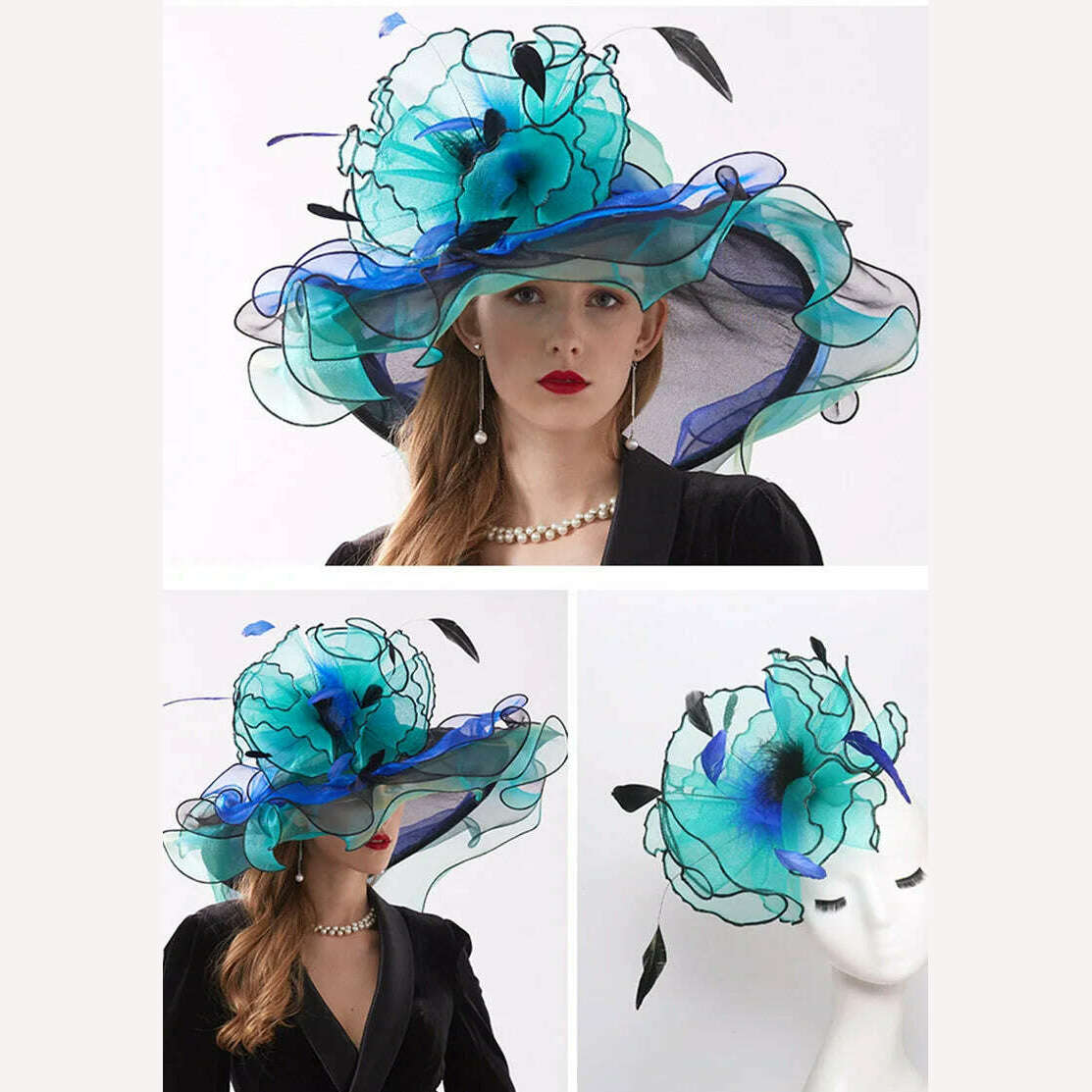 KIMLUD, 100% Organza Hats Summer Kentucky Derby Large Wide Brim Feather Flower Fedoras Wedding Hat Fascinator Tea Party Hat Packable, KIMLUD Women's Clothes