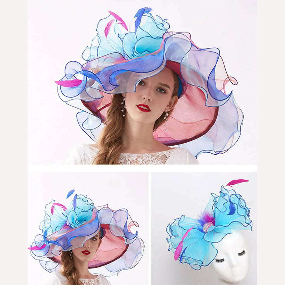 KIMLUD, 100% Organza Hats Summer Kentucky Derby Large Wide Brim Feather Flower Fedoras Wedding Hat Fascinator Tea Party Hat Packable, KIMLUD Women's Clothes