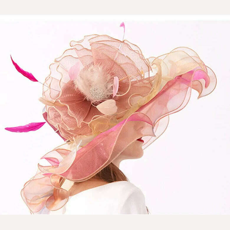 KIMLUD, 100% Organza Hats Summer Kentucky Derby Large Wide Brim Feather Flower Fedoras Wedding Hat Fascinator Tea Party Hat Packable, KIMLUD Women's Clothes