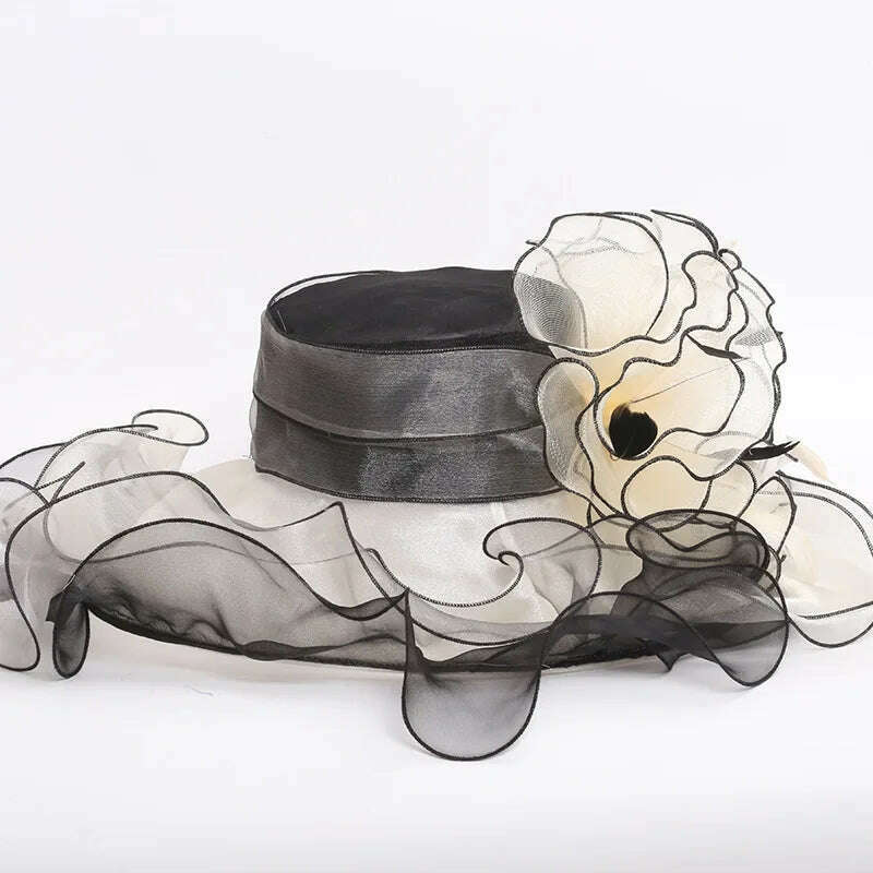 KIMLUD, 100% Organza Hats Summer Kentucky Derby Large Wide Brim Feather Flower Fedoras Wedding Hat Fascinator Tea Party Hat Packable, KIMLUD Womens Clothes