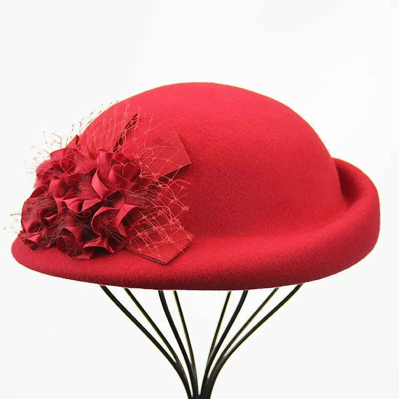 KIMLUD, 100% Wool Felt Berets Women Autumn And Winter Party Gauze Flower Formal Hat Banquet Grace Woolen Hats, gules, KIMLUD APPAREL - Womens Clothes