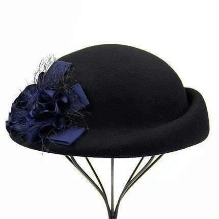 KIMLUD, 100% Wool Felt Berets Women Autumn And Winter Party Gauze Flower Formal Hat Banquet Grace Woolen Hats, Black, KIMLUD APPAREL - Womens Clothes