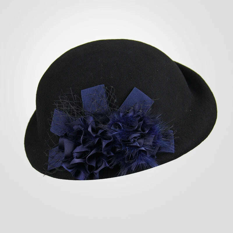 KIMLUD, 100% Wool Felt Berets Women Autumn And Winter Party Gauze Flower Formal Hat Banquet Grace Woolen Hats, KIMLUD Womens Clothes
