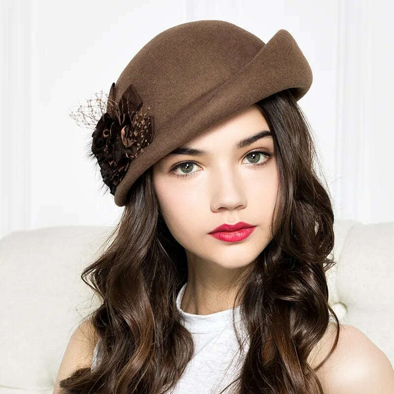 KIMLUD, 100% Wool Felt Berets Women Autumn And Winter Party Gauze Flower Formal Hat Banquet Grace Woolen Hats, KIMLUD Womens Clothes