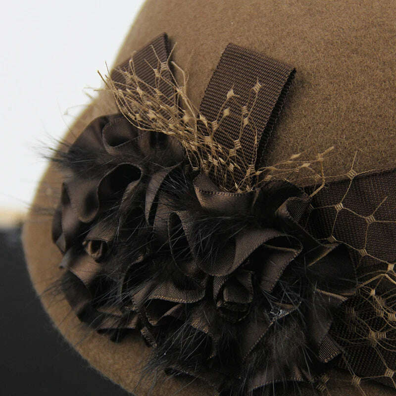 KIMLUD, 100% Wool Felt Berets Women Autumn And Winter Party Gauze Flower Formal Hat Banquet Grace Woolen Hats, KIMLUD Womens Clothes