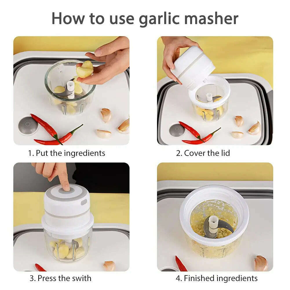 100/300mL Mini Electric Garlic Chopper USB Charging Ginger Masher Machine Sturdy Durable Chili Vegetable Crusher Kitchen Tool - KIMLUD