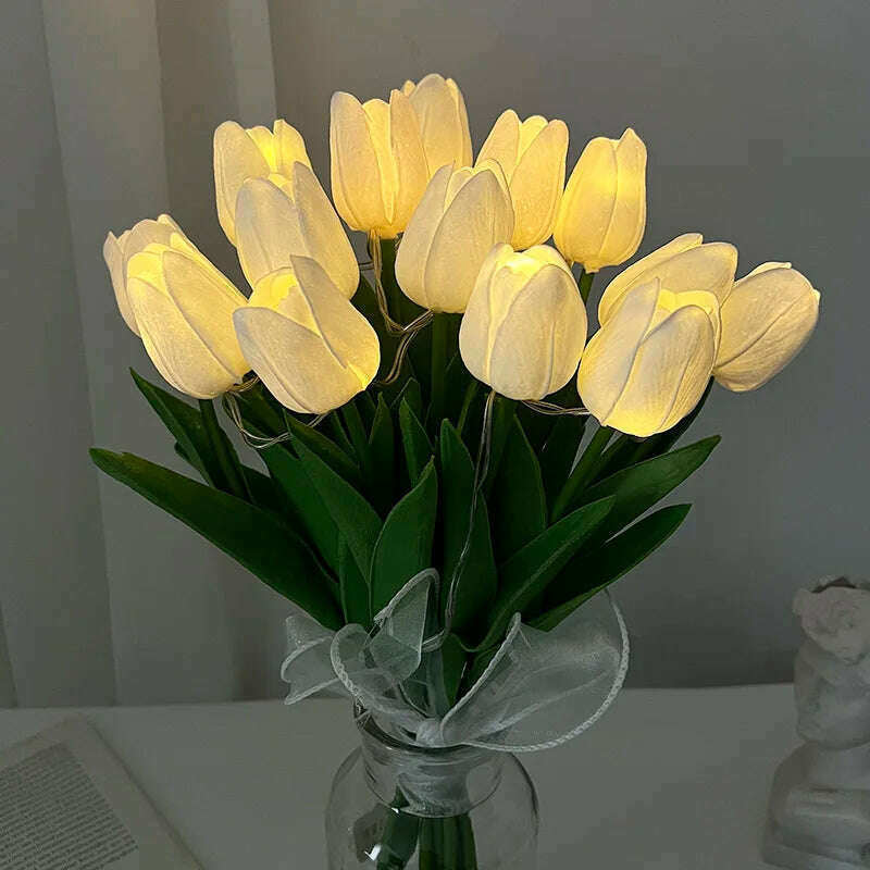 10/15Heads 13inch Led Glowing Artificial Tulip Flower Bouquet Decorations for Home/Office/Garden Fake Flower with Lights Battrty - KIMLUD
