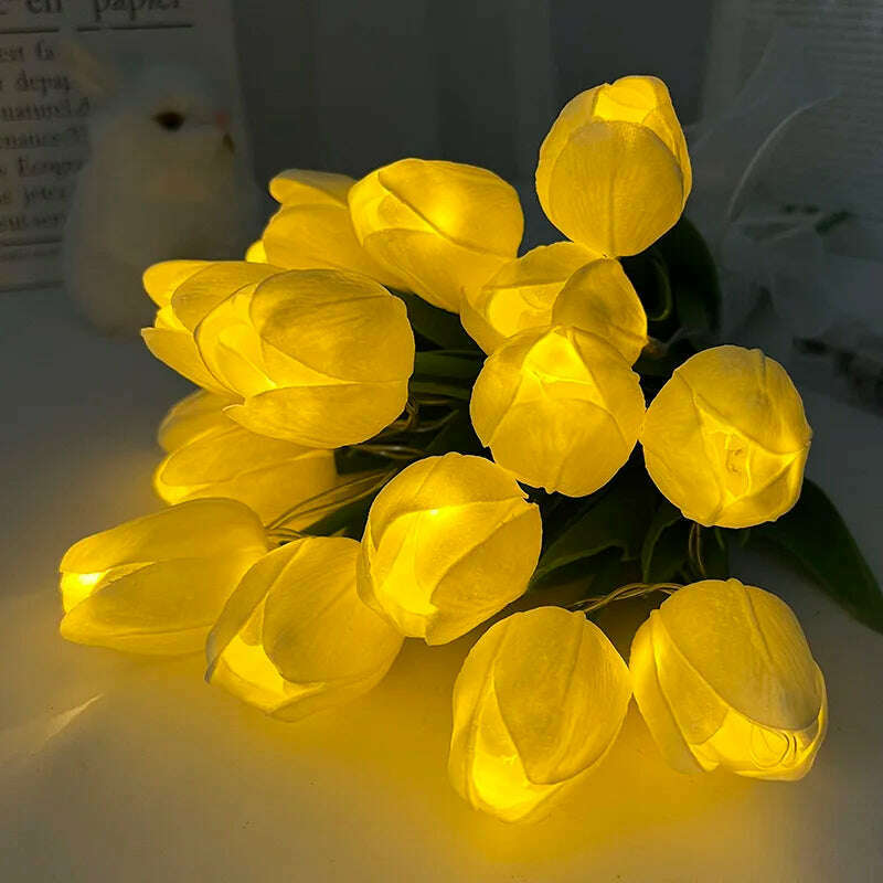 10/15Heads 13inch Led Glowing Artificial Tulip Flower Bouquet Decorations for Home/Office/Garden Fake Flower with Lights Battrty - KIMLUD