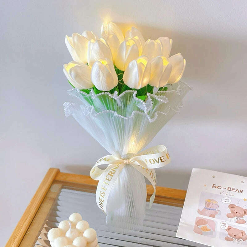 10/15Heads 13inch Led Glowing Artificial Tulip Flower Bouquet Decorations for Home/Office/Garden Fake Flower with Lights Battrty - KIMLUD