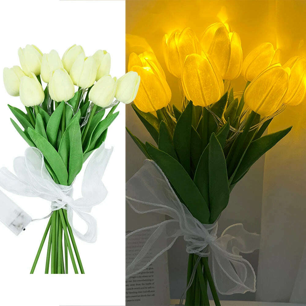 10/15Heads 13inch Led Glowing Artificial Tulip Flower Bouquet Decorations for Home/Office/Garden Fake Flower with Lights Battrty - KIMLUD