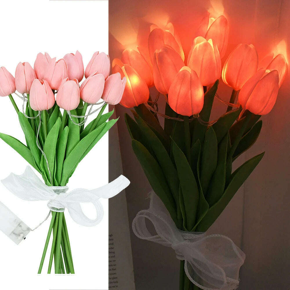 10/15Heads 13inch Led Glowing Artificial Tulip Flower Bouquet Decorations for Home/Office/Garden Fake Flower with Lights Battrty - KIMLUD